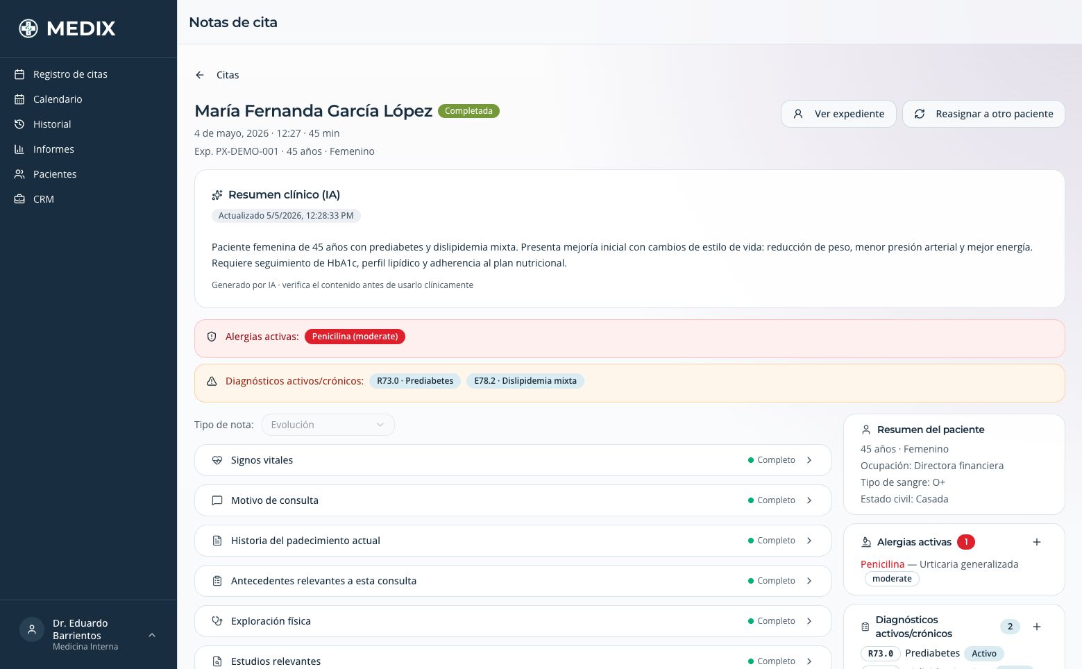 Espacio de trabajo de sesion de MEDIX con notas clinicas